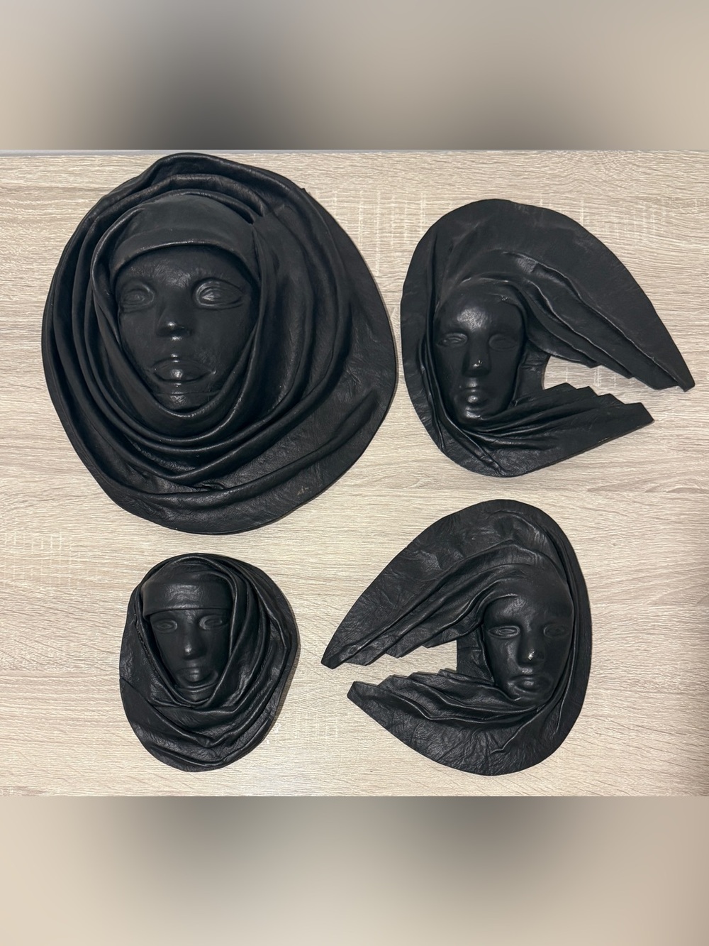 VTG J.M. Piel Leather Face Mask Sculpture 3D Wall Art Dominican Republic 4 Pcs